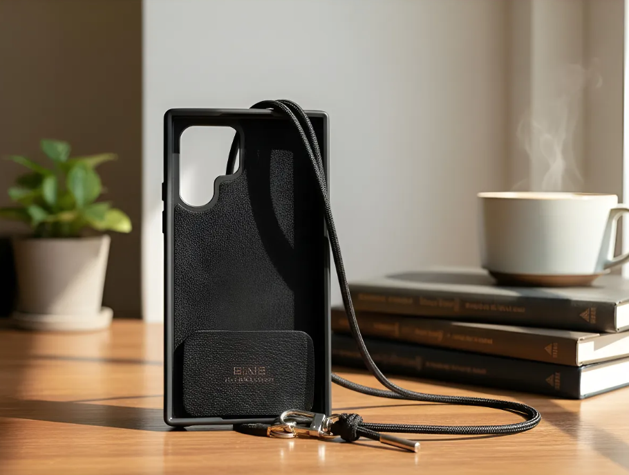 Capa/Suporte para Samsung de Couro Genuíno Flor Integral curtido vegetal com tanino cortados e gravados a laser/microfibra & Correia/Pulseira de Corda Elástica Preta com 1 Mosquetão e 2 Terminais prateados.- KPS55