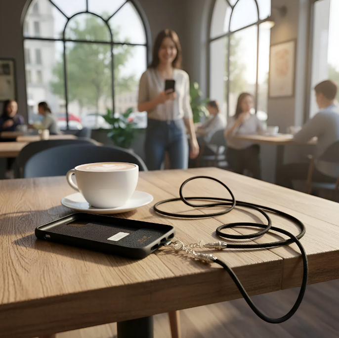 Funda/Soporte de Cuero Genuino Full-Grain curtido vegetal al tanino para iPhone/microfibra. 2 Terminales Cuerda, 2 Eslabones y 6 Argollas, todos de Plata Esterlina 925 & Crossbody/Collar/Gargantilla/Pulsera de Cuerda Elástica Negra.- KC29i