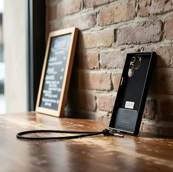 Capa/Suporte para Samsung de Couro Genuíno Flor Integral curtido vegetal com tanino cortados e gravados a laser/microfibra & Correia/Pulseira de Corda Elástica Preta com 1 Mosquetão e 2 Terminais prateados.- KPS55