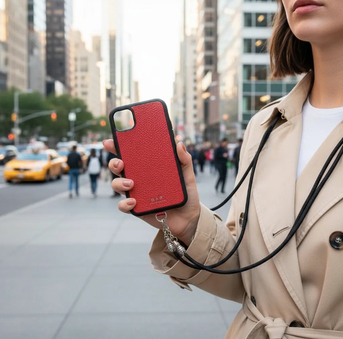 Funda/Soporte de Cuero Genuino Full-Grain curtido vegetal al tanino para iPhone/microfibra. 2 Terminales Cuerda, 2 Eslabones y 6 Argollas, todos de Plata Esterlina 925 & Crossbody/Collar/Gargantilla/Pulsera de Cuerda Elástica Negra.- KC29i