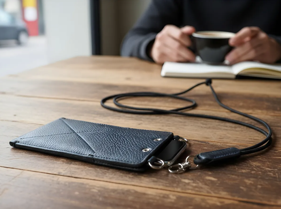 Θήκη kινητού τηλεφώνου για όλα τα iPhone/Samsung, από Γνήσιο Δέρμα Μπλε Oλικής άλεσης/Τσόχα & 2 Χιαστί, 1﻿ σε διπλό Χιαστί από Γνήσιο Δέρμα Μπλε Oλικής άλεσης, και άλλο σε διπλό Μαύρο Ελαστικό Σχοινί, με 2 άκρες από Γνήσιο Δέρμα Μπλε Oλικής άλεσης.- 701B
