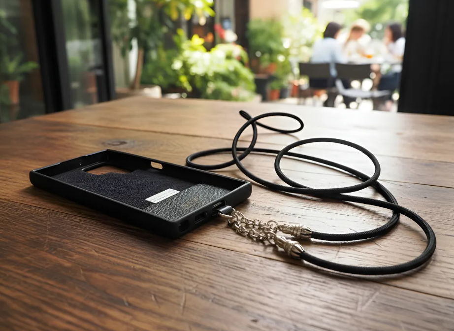 Funda/Soporte de Cuero Genuino Full-Grain curtido vegetal al tanino para Samsung/microfibra. 2 Terminales Cuerda, 2 Eslabones y 6 Argollas, todos de Plata Esterlina 925 & Crossbody/Collar/Gargantilla/Pulsera de Cuerda Elástica Negra.- KC29S