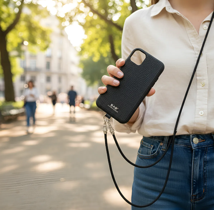 Funda/Soporte de Cuero Genuino Full-Grain curtido vegetal al tanino para iPhone/microfibra. 2 Terminales Cuerda, 2 Eslabones y 6 Argollas, todos de Plata Esterlina 925 & Crossbody/Collar/Gargantilla/Pulsera de Cuerda Elástica Negra.- KC29i