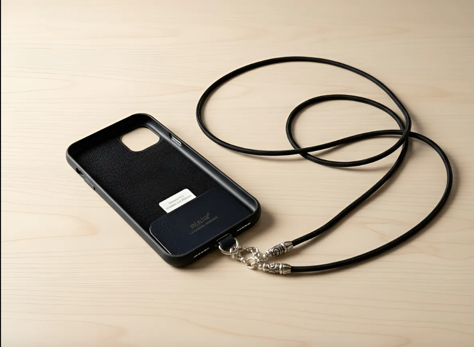 Funda/Soporte de Cuero Genuino Full-Grain curtido vegetal al tanino para iPhone/Samsung/microfibra. 2 Terminales en Espiral, 2 Eslabones y 6 Argollas, todos de Plata Esterlina 925 & Crossbody/Collar/Gargantilla/Pulsera de Cuerda Elástica Negra.- KC11