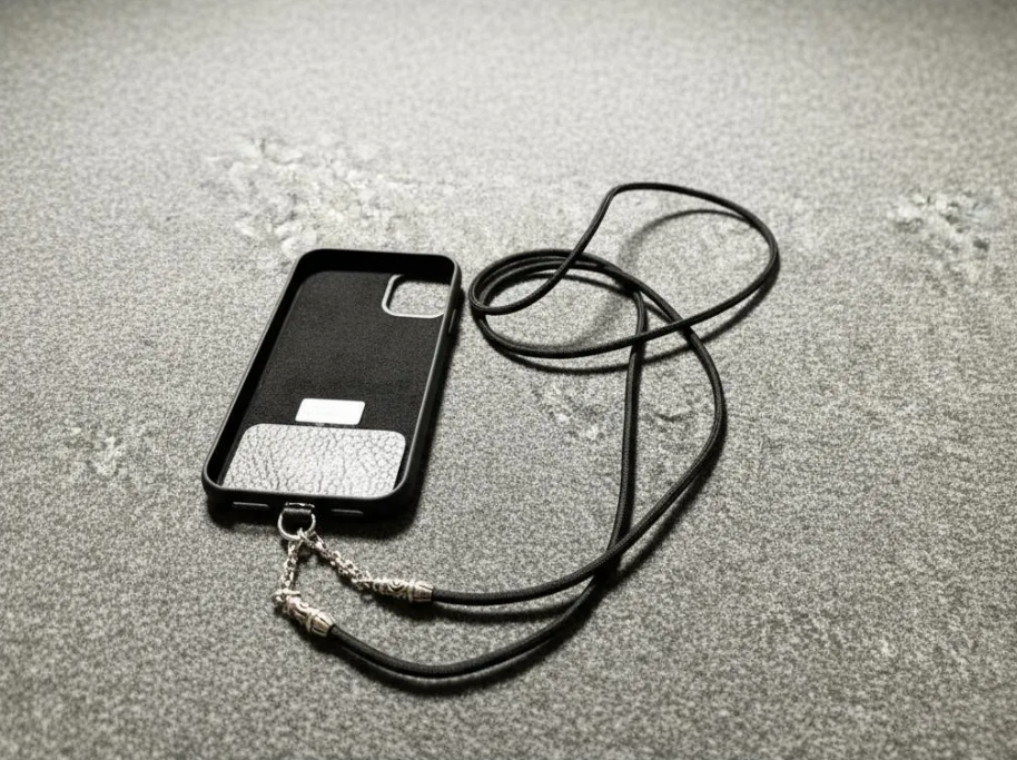 Funda/Soporte de Cuero Genuino Full-Grain curtido vegetal al tanino para iPhone/Samsung/microfibra. 2 Terminales en Espiral, 2 Eslabones y 6 Argollas, todos de Plata Esterlina 925 & Crossbody/Collar/Gargantilla/Pulsera de Cuerda Elástica Negra.- KC11