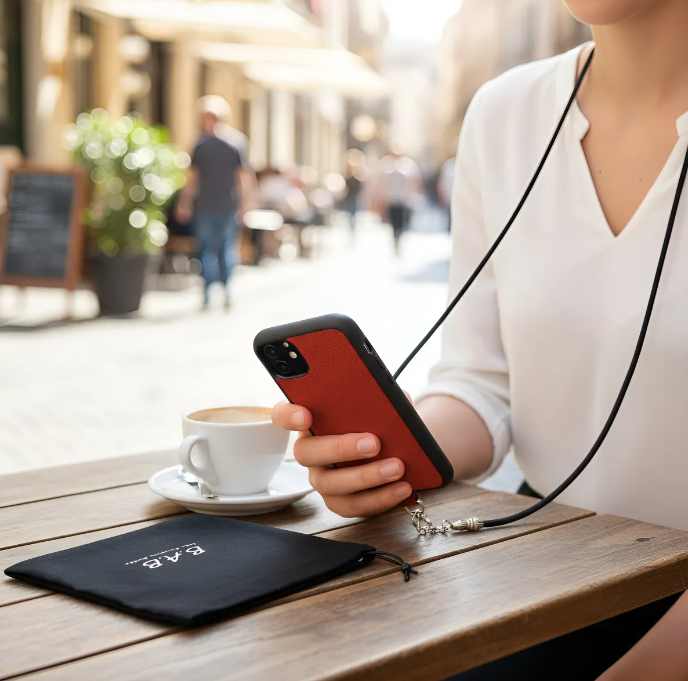 Funda/Soporte de Cuero Genuino Full-Grain curtido vegetal al tanino para iPhone/microfibra. 2 Terminales Cuerda, 2 Eslabones y 6 Argollas, todos de Plata Esterlina 925 & Crossbody/Collar/Gargantilla/Pulsera de Cuerda Elástica Negra.- KC29i