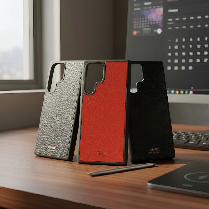 Capa/Suporte para Samsung de Couro Genuíno Flor Integral curtido vegetal com tanino cortados e gravados a laser/microfibra & Correia/Pulseira de Corda Elástica Preta com 1 Mosquetão e 2 Terminais prateados.- KPS55