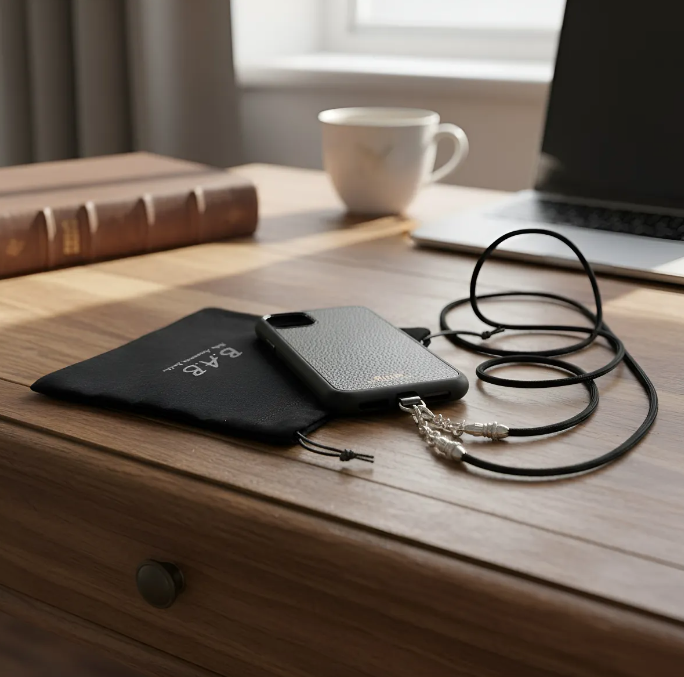 Funda/Soporte de Cuero Genuino Full-Grain curtido vegetal al tanino para iPhone/microfibra. 2 Terminales Cuerda, 2 Eslabones y 6 Argollas, todos de Plata Esterlina 925 & Crossbody/Collar/Gargantilla/Pulsera de Cuerda Elástica Negra.- KC29i