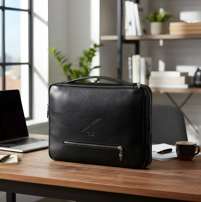 Portfólio MacBook Pro 13"(Intel 2P/4P)/M1/M2/MacBook Pro 14"M1/M2/M3 Pro/M2/M3 Pro Max)/MacBook Air 13"M2/M3/iPad Pro 9,7"/10,5"/iPad 11"M2/iPad 11" Pro 1º/2º/3º/4º. Couro Genuíno Preto de Flor Integral curtido vegetal/Feltro & Pingente Adaga.- 2004