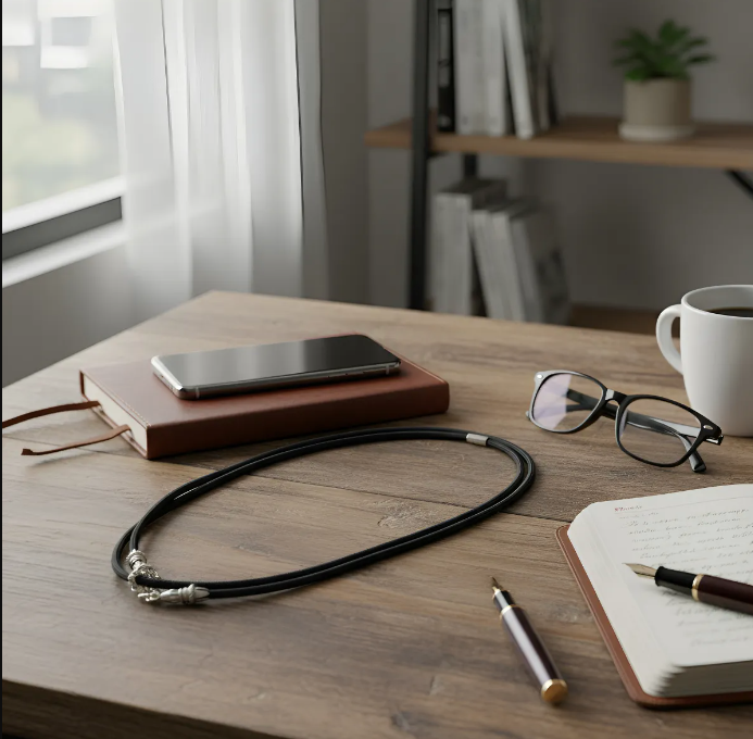 Funda/Soporte de Cuero Genuino Full-Grain curtido vegetal al tanino para iPhone/microfibra. 2 Terminales Cuerda, 2 Eslabones y 6 Argollas, todos de Plata Esterlina 925 & Crossbody/Collar/Gargantilla/Pulsera de Cuerda Elástica Negra.- KC29i