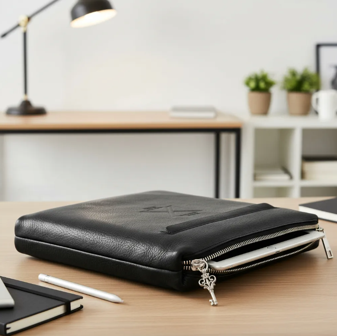 iPad Portfolio/Clutch: Pro 9.7"/10.5"/iPad Pro 11"(1st/2nd/3rd/4th Gen)/iPad Air (3rd/4th Gen)/iPad 11"(M2)/tablet. Black Full-Grain vegetable-tanned Genuine Leather/Felt & Key Charm.- 2003