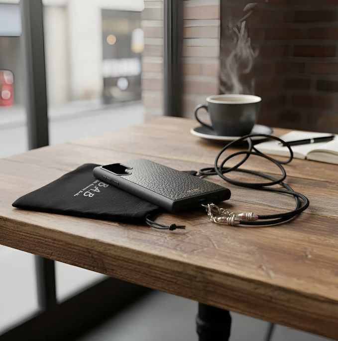 Funda/Soporte de Cuero Genuino Full-Grain curtido vegetal al tanino para Samsung/microfibra. 2 Terminales Cuerda, 2 Eslabones y 6 Argollas, todos de Plata Esterlina 925 & Crossbody/Collar/Gargantilla/Pulsera de Cuerda Elástica Negra.- KC29S