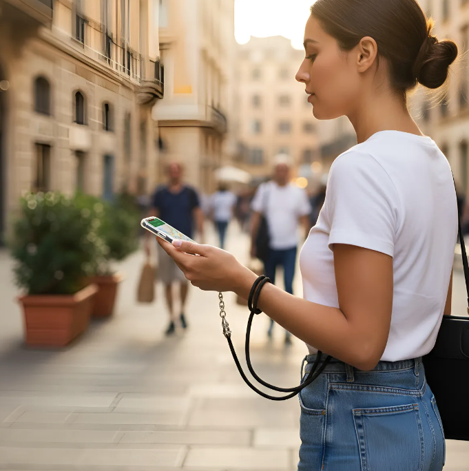 Funda/Soporte de Cuero Genuino Full-Grain curtido vegetal al tanino para Samsung/microfibra. 2 Terminales Cuerda, 2 Eslabones y 6 Argollas, todos de Plata Esterlina 925 & Crossbody/Collar/Gargantilla/Pulsera de Cuerda Elástica Negra.- KC29S