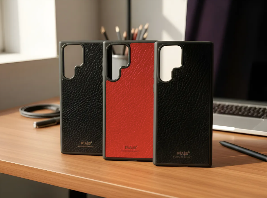 Capa/Suporte para Samsung de Couro Genuíno Flor Integral curtido vegetal com tanino cortados e gravados a laser/microfibra & Correia/Pulseira de Corda Elástica Preta com 1 Mosquetão e 2 Terminais prateados.- KPS55