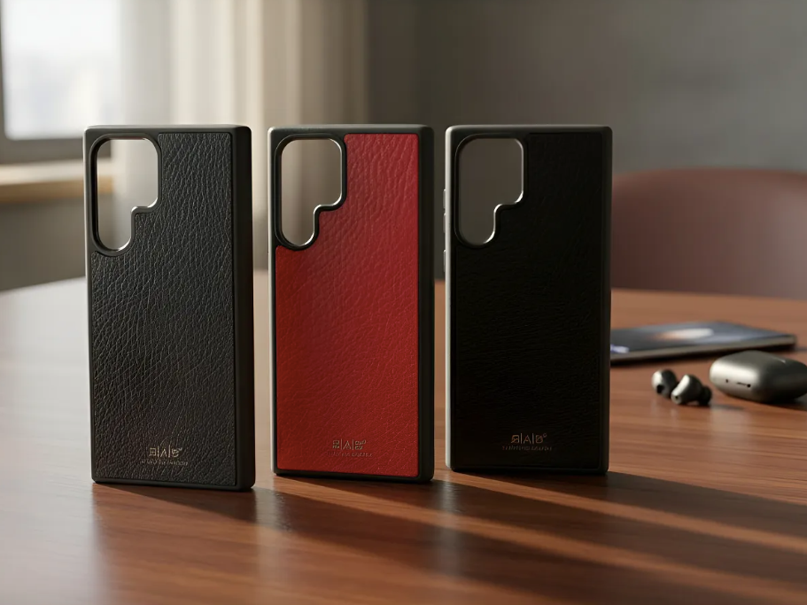 Capa/Suporte para Samsung de Couro Genuíno Flor Integral curtido vegetal com tanino cortados e gravados a laser/microfibra & Correia/Pulseira de Corda Elástica Preta com 1 Mosquetão e 2 Terminais prateados.- KPS55