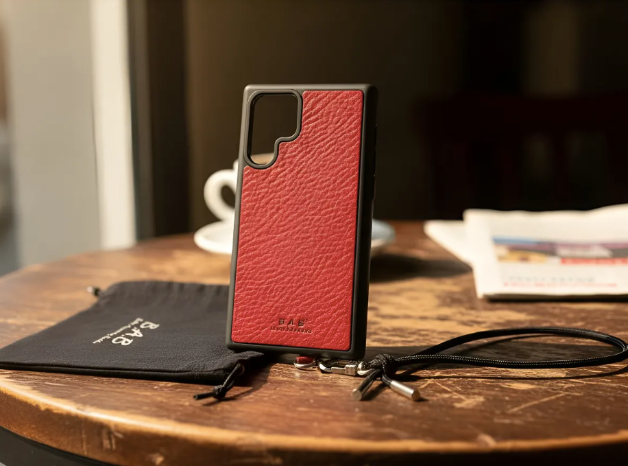 Capa/Suporte para Samsung de Couro Genuíno Flor Integral curtido vegetal com tanino cortados e gravados a laser/microfibra & Correia/Pulseira de Corda Elástica Preta com 1 Mosquetão e 2 Terminais prateados.- KPS55