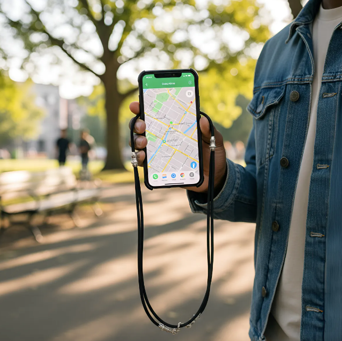 Funda/Soporte de Cuero Genuino Full-Grain curtido vegetal al tanino para Samsung/microfibra. 2 Terminales Cuerda, 2 Eslabones y 6 Argollas, todos de Plata Esterlina 925 & Crossbody/Collar/Gargantilla/Pulsera de Cuerda Elástica Negra.- KC29S