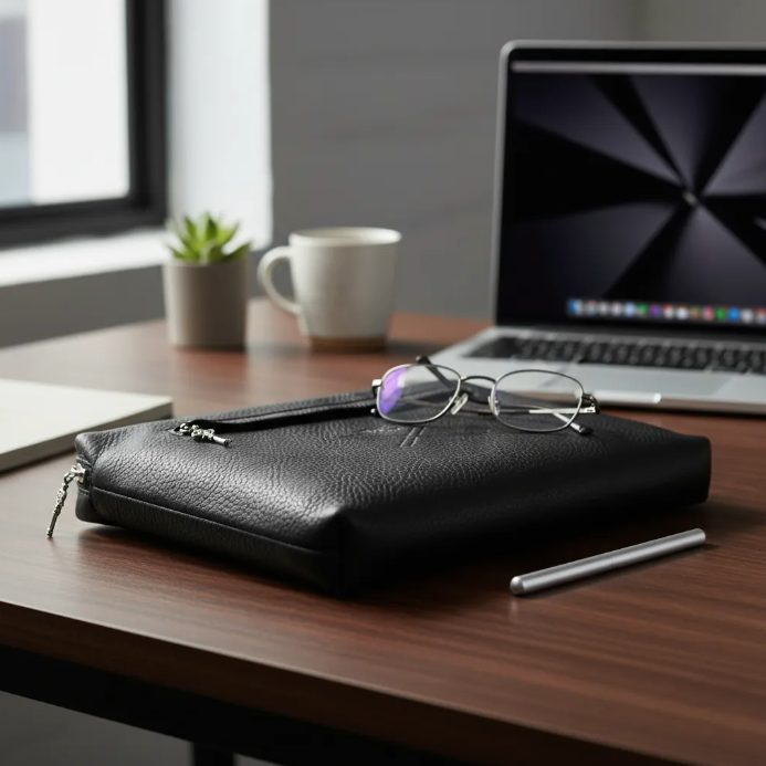 iPad Portfolio/Clutch: Pro 9.7"/10.5"/iPad Pro 11"(1st/2nd/3rd/4th Gen)/iPad Air (3rd/4th Gen)/iPad 11"(M2)/tablet. Black Full-Grain vegetable-tanned Genuine Leather/Felt & Key Charm.- 2003