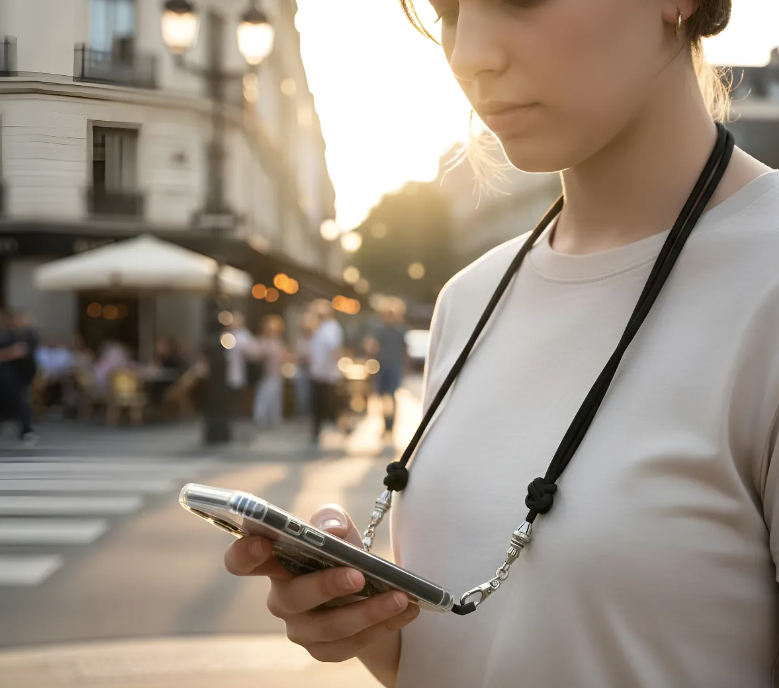 Funda/Soporte de Cuero Genuino Full-Grain curtido vegetal al tanino para Samsung/microfibra. 2 Terminales Cuerda, 2 Eslabones y 6 Argollas, todos de Plata Esterlina 925 & Crossbody/Collar/Gargantilla/Pulsera de Cuerda Elástica Negra.- KC29S