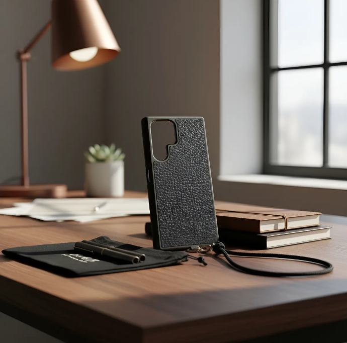 Capa/Suporte para Samsung de Couro Genuíno Flor Integral curtido vegetal com tanino cortados e gravados a laser/microfibra & Correia/Pulseira de Corda Elástica Preta com 1 Mosquetão e 2 Terminais prateados.- KPS55