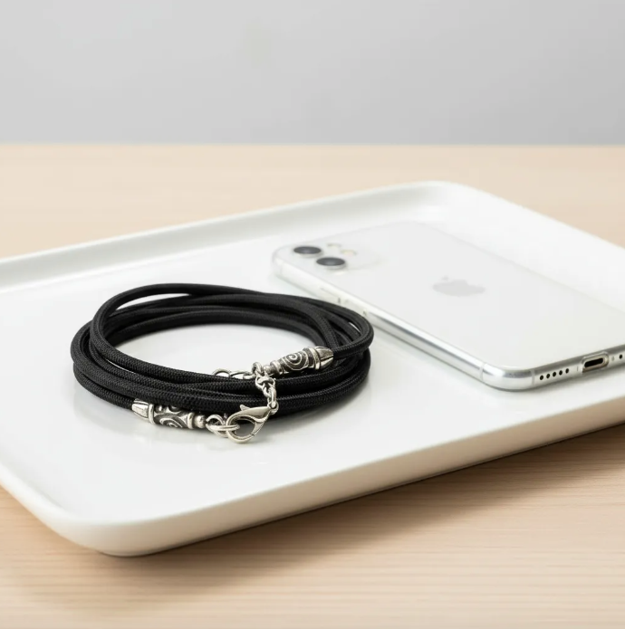 Funda/Soporte de Cuero Genuino Full-Grain curtido vegetal al tanino para iPhone/Samsung/microfibra. 2 Terminales en Espiral, 2 Eslabones y 6 Argollas, todos de Plata Esterlina 925 & Crossbody/Collar/Gargantilla/Pulsera de Cuerda Elástica Negra.- KC11
