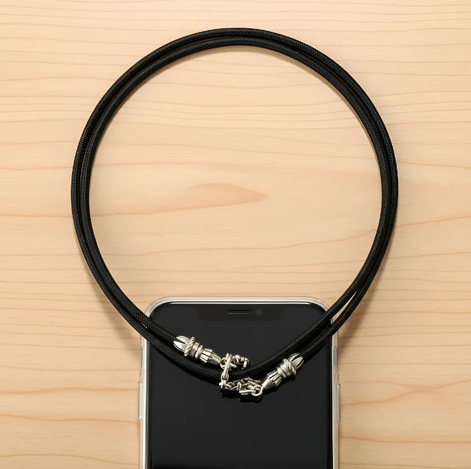 Funda/Soporte de Cuero Genuino Full-Grain curtido vegetal al tanino para Samsung/microfibra. 2 Terminales Cuerda, 2 Eslabones y 6 Argollas, todos de Plata Esterlina 925 & Crossbody/Collar/Gargantilla/Pulsera de Cuerda Elástica Negra.- KC29S