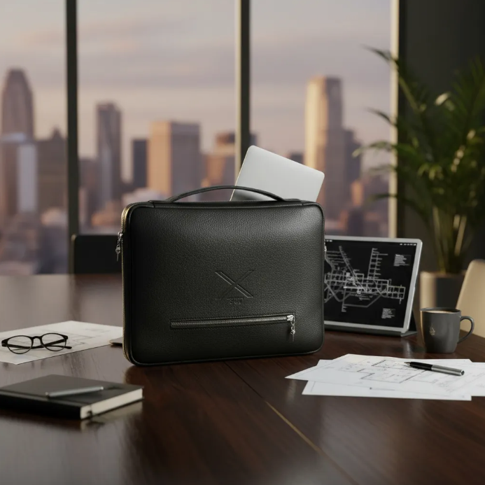 Portfólio MacBook Pro 13"(Intel 2P/4P)/M1/M2/MacBook Pro 14"M1/M2/M3 Pro/M2/M3 Pro Max)/MacBook Air 13"M2/M3/iPad Pro 9,7"/10,5"/iPad 11"M2/iPad 11" Pro 1º/2º/3º/4º. Couro Genuíno Preto de Flor Integral curtido vegetal/Feltro & Pingente Adaga.- 2004