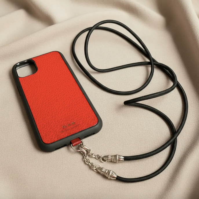 Funda/Soporte de Cuero Genuino Full-Grain curtido vegetal al tanino para iPhone/microfibra. 2 Terminales Cuerda, 2 Eslabones y 6 Argollas, todos de Plata Esterlina 925 & Crossbody/Collar/Gargantilla/Pulsera de Cuerda Elástica Negra.- KC29i