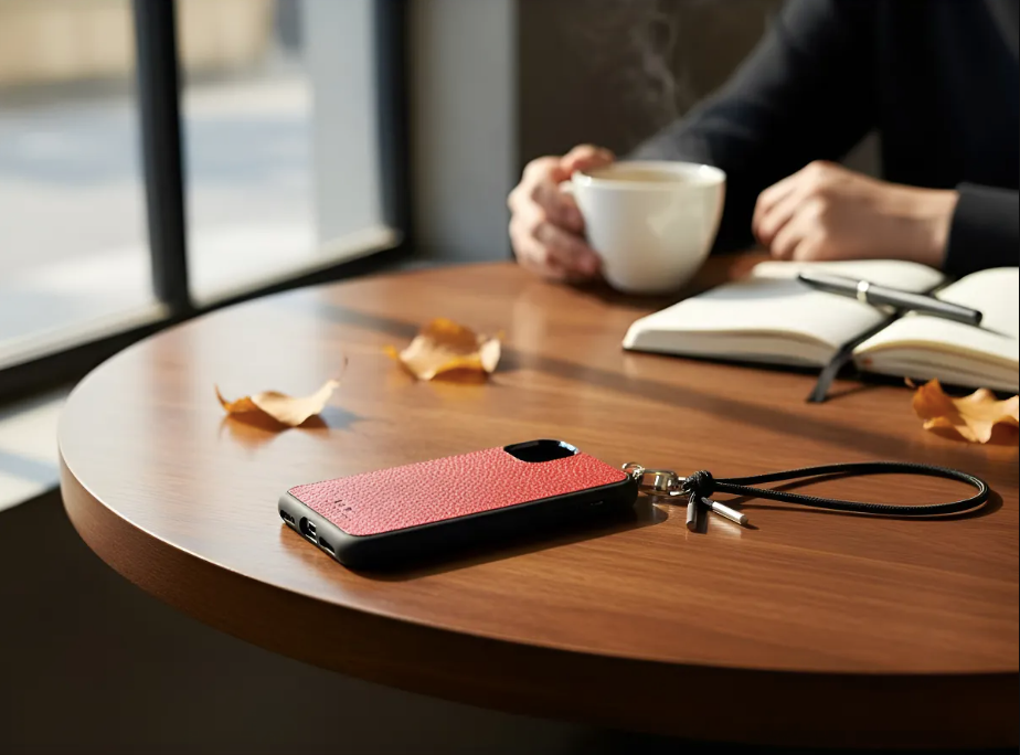 Capa/Suporte para iPhone de Couro Genuíno Flor Integral curtido vegetal com tanino cortados e gravados a laser/microfibra & Correia/Pulseira de Corda Elástica Preta com 1 Mosquetão e 2 Terminais prateados.- KPi54  ​
