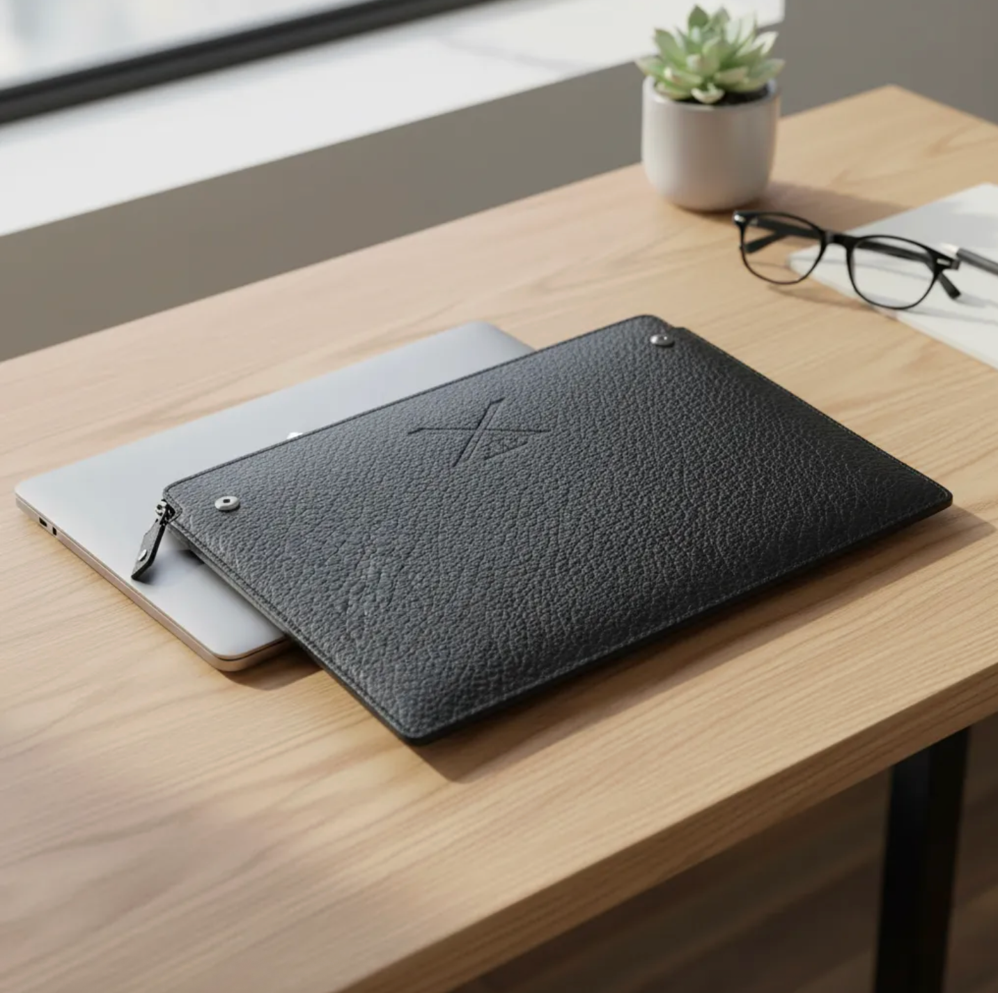 Funda B|A|B® Leather Goods de cuero Genuino Natura Negro, curtido vegetal al tanino/Fieltro para MacBook Air 13,3"/14" Pro.- 1005 B