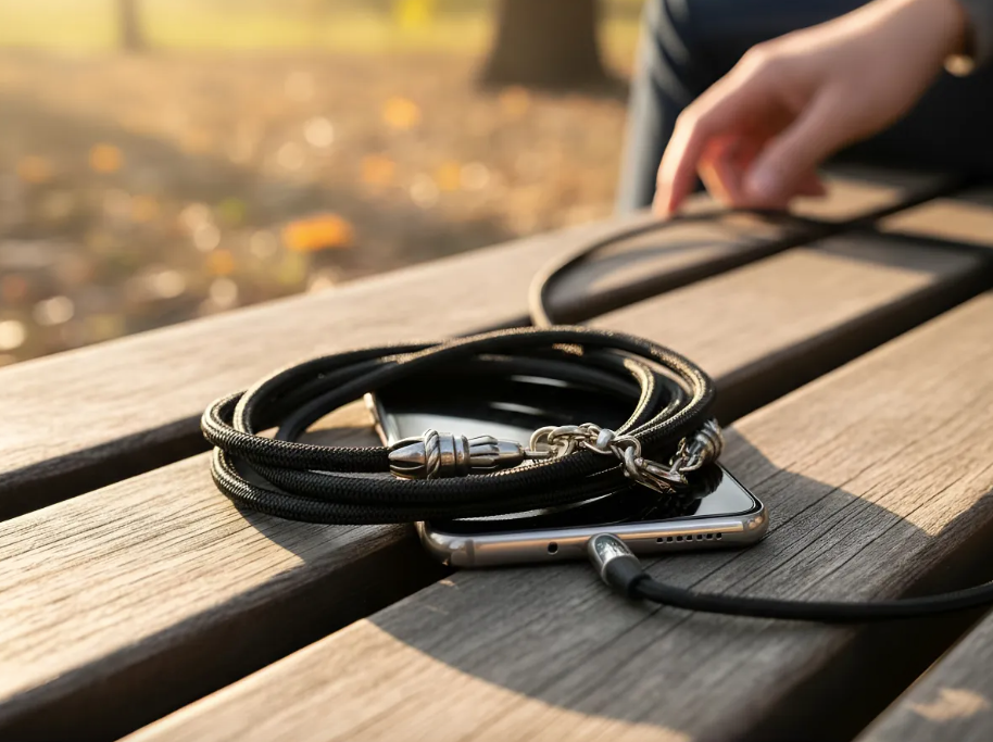 Funda/Soporte de Cuero Genuino Full-Grain curtido vegetal al tanino para iPhone/microfibra. 2 Terminales Cuerda, 2 Eslabones y 6 Argollas, todos de Plata Esterlina 925 & Crossbody/Collar/Gargantilla/Pulsera de Cuerda Elástica Negra.- KC29i