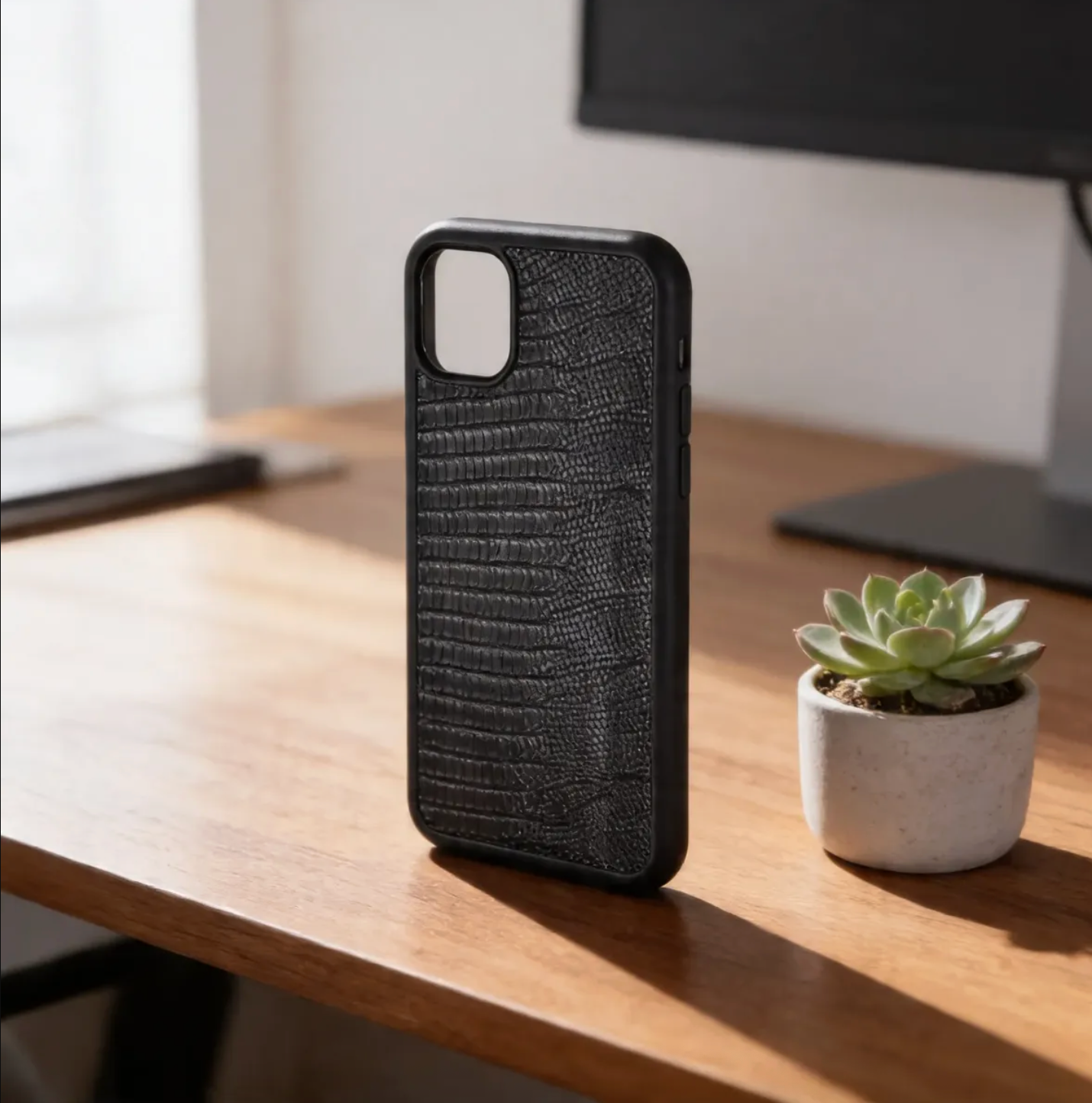 Coque en cuir véritable d’iguane pour iPhone découpée & gravée au laser/microfibre-59