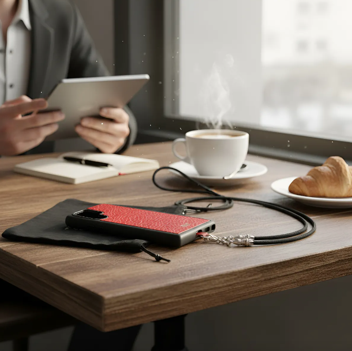 Funda/Soporte de Cuero Genuino Full-Grain curtido vegetal al tanino para Samsung/microfibra. 2 Terminales Cuerda, 2 Eslabones y 6 Argollas, todos de Plata Esterlina 925 & Crossbody/Collar/Gargantilla/Pulsera de Cuerda Elástica Negra.- KC29S