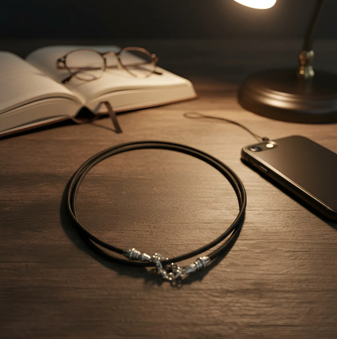 Funda/Soporte de Cuero Genuino Full-Grain curtido vegetal al tanino para iPhone/microfibra. 2 Terminales Cuerda, 2 Eslabones y 6 Argollas, todos de Plata Esterlina 925 & Crossbody/Collar/Gargantilla/Pulsera de Cuerda Elástica Negra.- KC29i