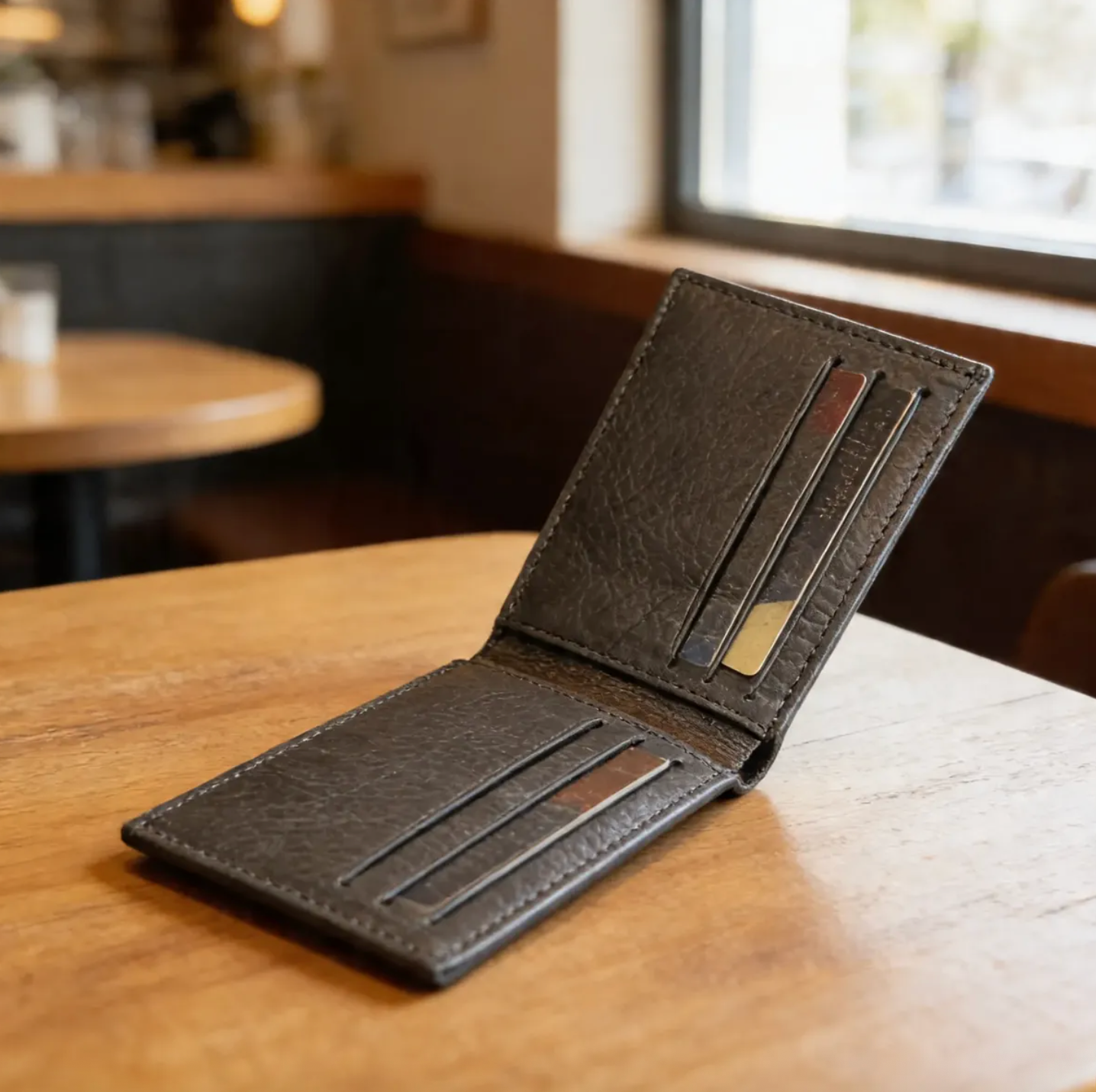 Portefeuille Bi-fold. Cuir Genuine Pleine Fleur, Noir Napado, tanné végétal au tanin-748B