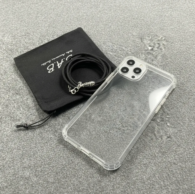 Funda/Soporte de Cuero Genuino Full-Grain curtido vegetal al tanino para iPhone/Samsung/microfibra. 2 Terminales en Espiral, 2 Eslabones y 6 Argollas, todos de Plata Esterlina 925 & Crossbody/Collar/Gargantilla/Pulsera de Cuerda Elástica Negra.- KC11