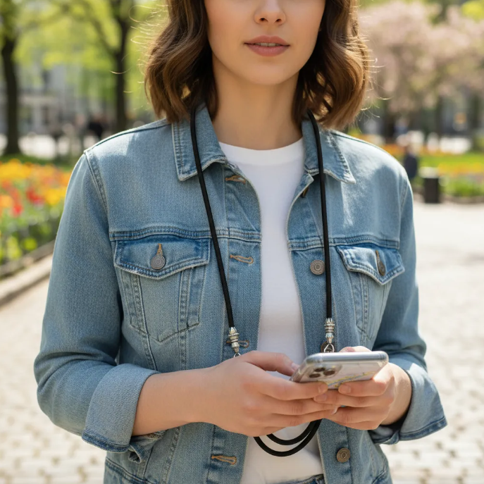 Funda/Soporte de Cuero Genuino Full-Grain curtido vegetal al tanino para iPhone/microfibra. 2 Terminales Cuerda, 2 Eslabones y 6 Argollas, todos de Plata Esterlina 925 & Crossbody/Collar/Gargantilla/Pulsera de Cuerda Elástica Negra.- KC29i