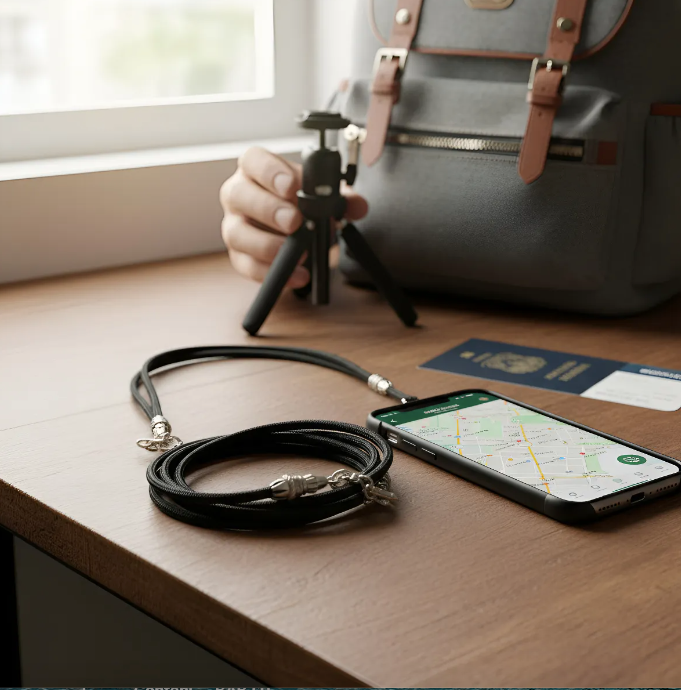 Funda/Soporte de Cuero Genuino Full-Grain curtido vegetal al tanino para iPhone/microfibra. 2 Terminales Cuerda, 2 Eslabones y 6 Argollas, todos de Plata Esterlina 925 & Crossbody/Collar/Gargantilla/Pulsera de Cuerda Elástica Negra.- KC29i