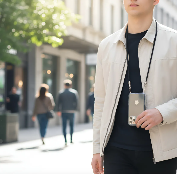 Funda/Soporte de Cuero Genuino Full-Grain curtido vegetal al tanino para Samsung/microfibra. 2 Terminales Cuerda, 2 Eslabones y 6 Argollas, todos de Plata Esterlina 925 & Crossbody/Collar/Gargantilla/Pulsera de Cuerda Elástica Negra.- KC29S