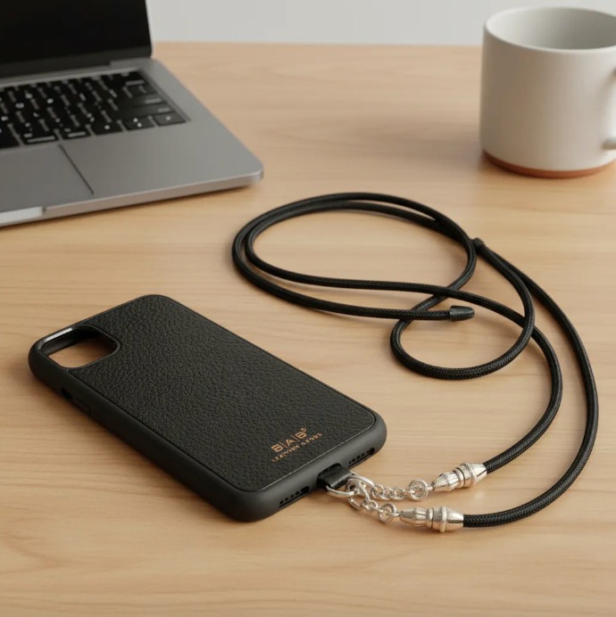 Funda/Soporte de Cuero Genuino Full-Grain curtido vegetal al tanino para iPhone/microfibra. 2 Terminales Cuerda, 2 Eslabones y 6 Argollas, todos de Plata Esterlina 925 & Crossbody/Collar/Gargantilla/Pulsera de Cuerda Elástica Negra.- KC29i