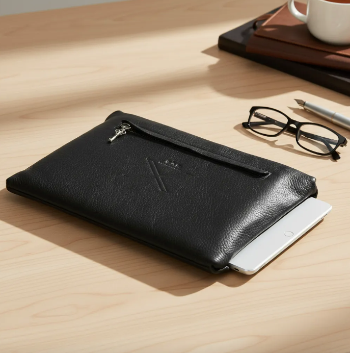 iPad Portfolio/Clutch: Pro 9.7"/10.5"/iPad Pro 11"(1st/2nd/3rd/4th Gen)/iPad Air (3rd/4th Gen)/iPad 11"(M2)/tablet. Black Full-Grain vegetable-tanned Genuine Leather/Felt & Key Charm.- 2003