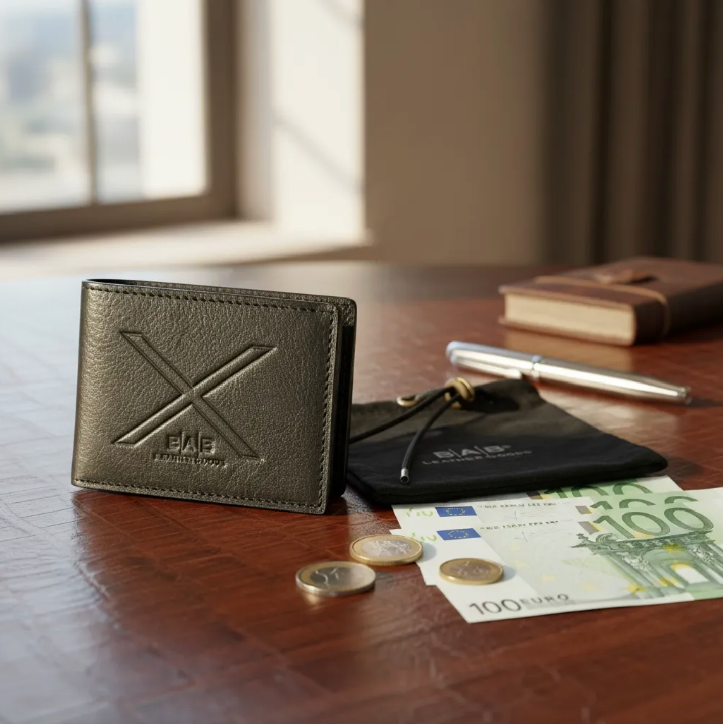 Portefeuille Bi-fold. Cuir Genuine Pleine Fleur, Noir Napado, tanné végétal au tanin-748B