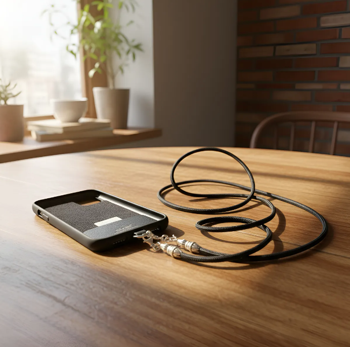 Funda/Soporte de Cuero Genuino Full-Grain curtido vegetal al tanino para iPhone/microfibra. 2 Terminales Cuerda, 2 Eslabones y 6 Argollas, todos de Plata Esterlina 925 & Crossbody/Collar/Gargantilla/Pulsera de Cuerda Elástica Negra.- KC29i