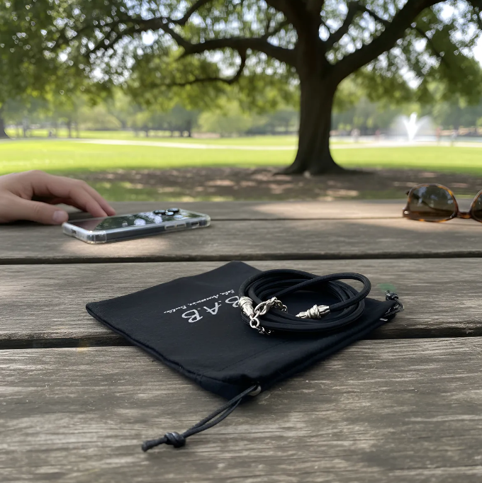 Funda/Soporte de Cuero Genuino Full-Grain curtido vegetal al tanino para Samsung/microfibra. 2 Terminales Cuerda, 2 Eslabones y 6 Argollas, todos de Plata Esterlina 925 & Crossbody/Collar/Gargantilla/Pulsera de Cuerda Elástica Negra.- KC29S