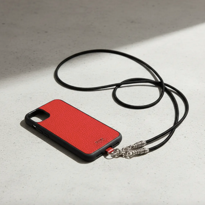 Funda/Soporte de Cuero Genuino Full-Grain curtido vegetal al tanino para iPhone/Samsung/microfibra. 2 Terminales en Espiral, 2 Eslabones y 6 Argollas, todos de Plata Esterlina 925 & Crossbody/Collar/Gargantilla/Pulsera de Cuerda Elástica Negra.- KC11