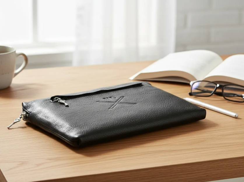 iPad Portfolio/Clutch: Pro 9.7"/10.5"/iPad Pro 11"(1st/2nd/3rd/4th Gen)/iPad Air (3rd/4th Gen)/iPad 11"(M2)/tablet. Black Full-Grain vegetable-tanned Genuine Leather/Felt & Key Charm.- 2003