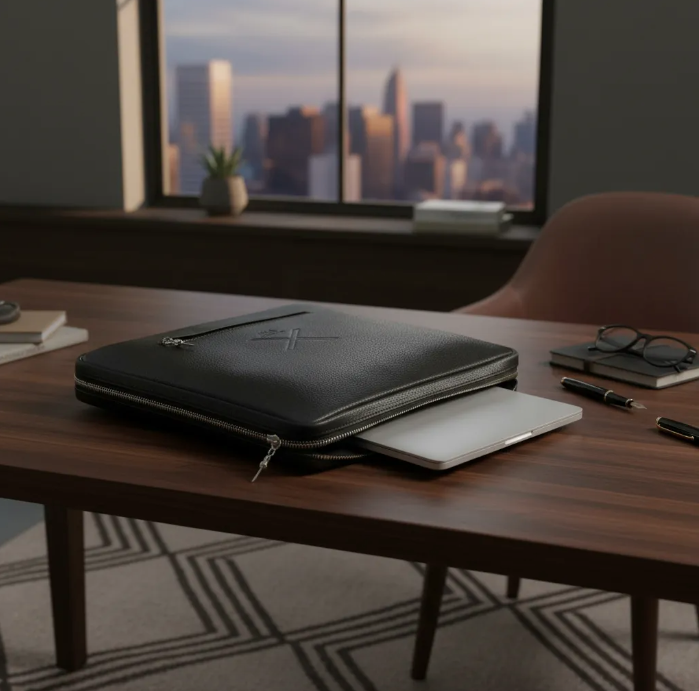 Portfólio MacBook Pro 13"(Intel 2P/4P)/M1/M2/MacBook Pro 14"M1/M2/M3 Pro/M2/M3 Pro Max)/MacBook Air 13"M2/M3/iPad Pro 9,7"/10,5"/iPad 11"M2/iPad 11" Pro 1º/2º/3º/4º. Couro Genuíno Preto de Flor Integral curtido vegetal/Feltro & Pingente Adaga.- 2004