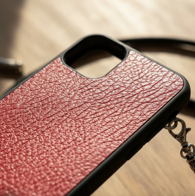 Funda/Soporte de Cuero Genuino Full-Grain curtido vegetal al tanino para iPhone/Samsung/microfibra. 2 Terminales en Espiral, 2 Eslabones y 6 Argollas, todos de Plata Esterlina 925 & Crossbody/Collar/Gargantilla/Pulsera de Cuerda Elástica Negra.- KC11