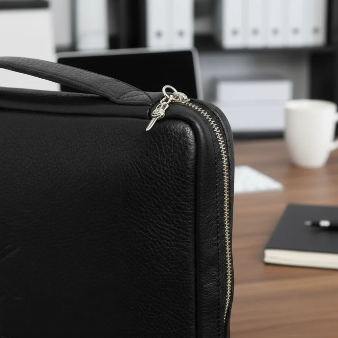 Portfólio MacBook Pro 13"(Intel 2P/4P)/M1/M2/MacBook Pro 14"M1/M2/M3 Pro/M2/M3 Pro Max)/MacBook Air 13"M2/M3/iPad Pro 9,7"/10,5"/iPad 11"M2/iPad 11" Pro 1º/2º/3º/4º. Couro Genuíno Preto de Flor Integral curtido vegetal/Feltro & Pingente Adaga.- 2004