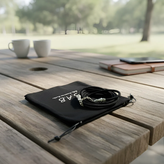 Funda/Soporte de Cuero Genuino Full-Grain curtido vegetal al tanino para Samsung/microfibra. 2 Terminales Cuerda, 2 Eslabones y 6 Argollas, todos de Plata Esterlina 925 & Crossbody/Collar/Gargantilla/Pulsera de Cuerda Elástica Negra.- KC29S